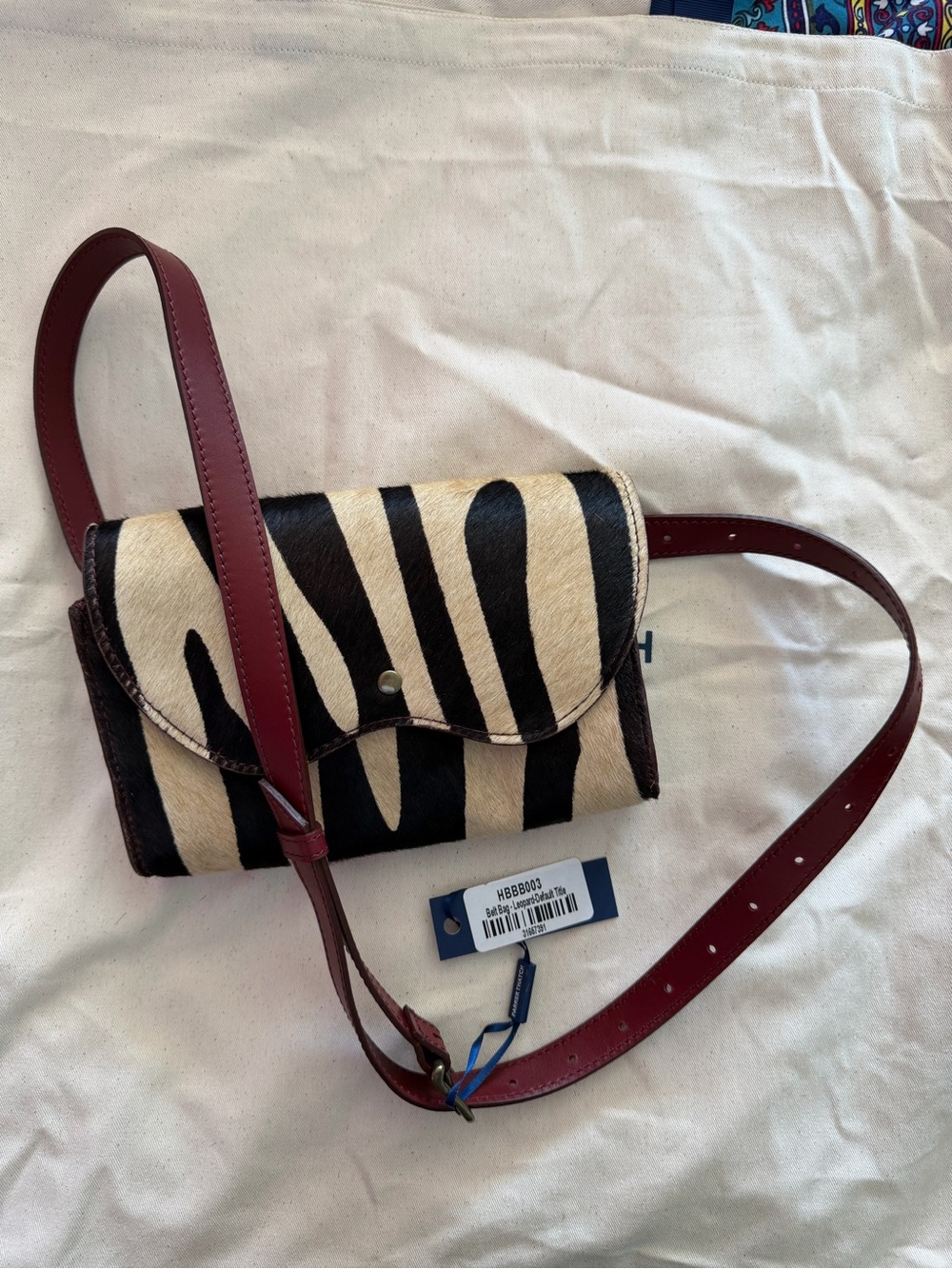 Parker Thatch Ace Belt Bag Zebra Print Crossbody Bag with Burgundy Strap